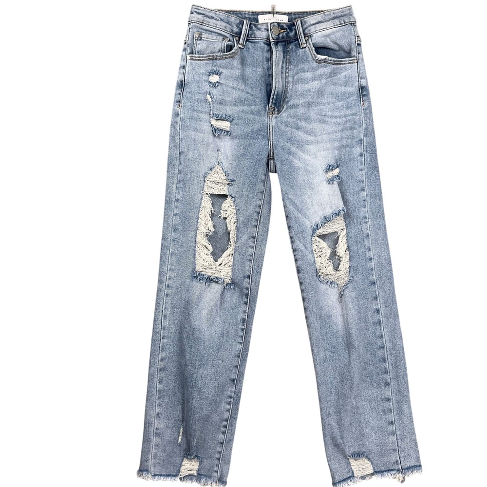 RISEN JEANS Womens 5/27 Blue Distressed Light Wash‎ RDP5067 Straight Crop Denim